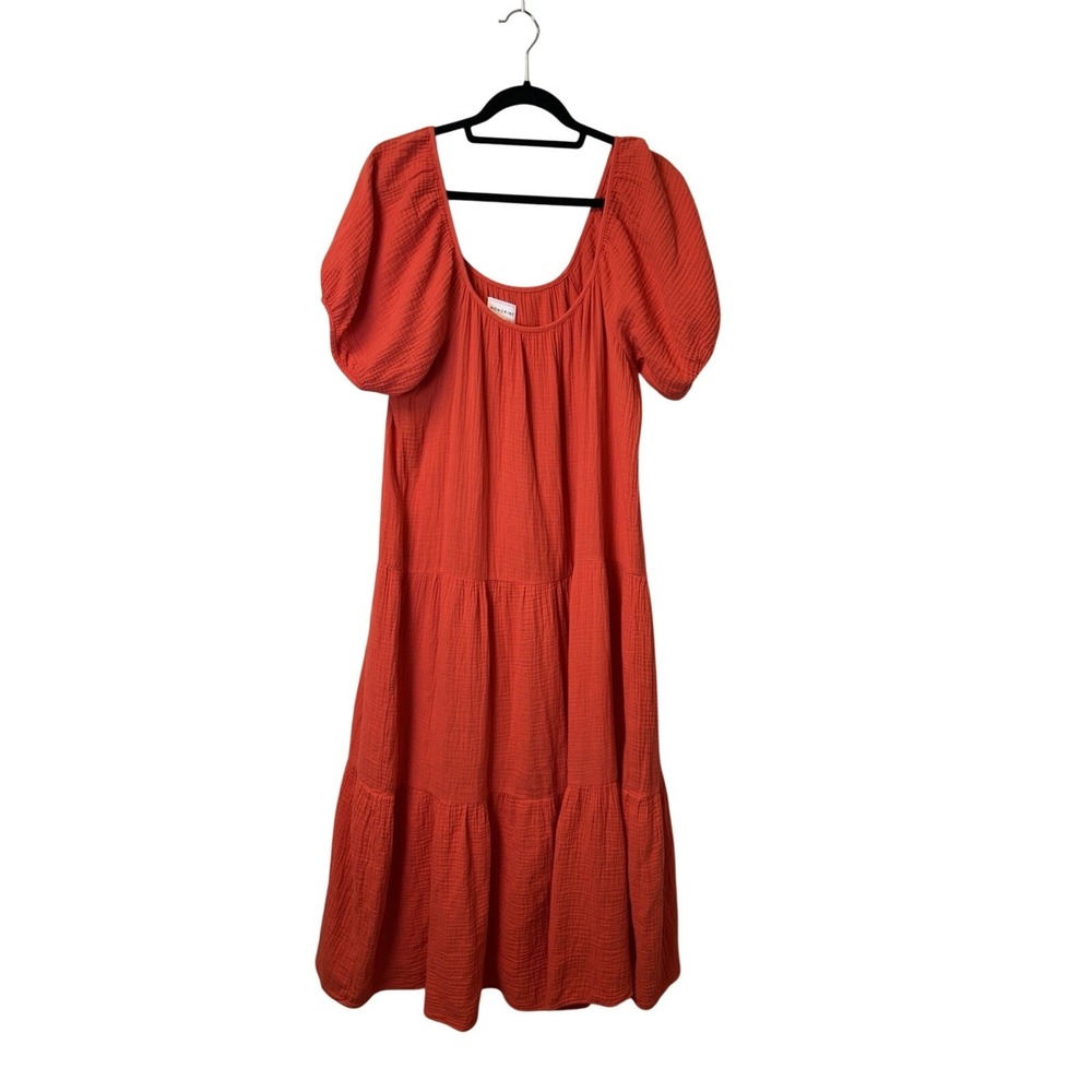 Honorine Orange Crinkle Cotton Gauze Tiered Maxi Dress Puff Sleeve Sz Large Boho